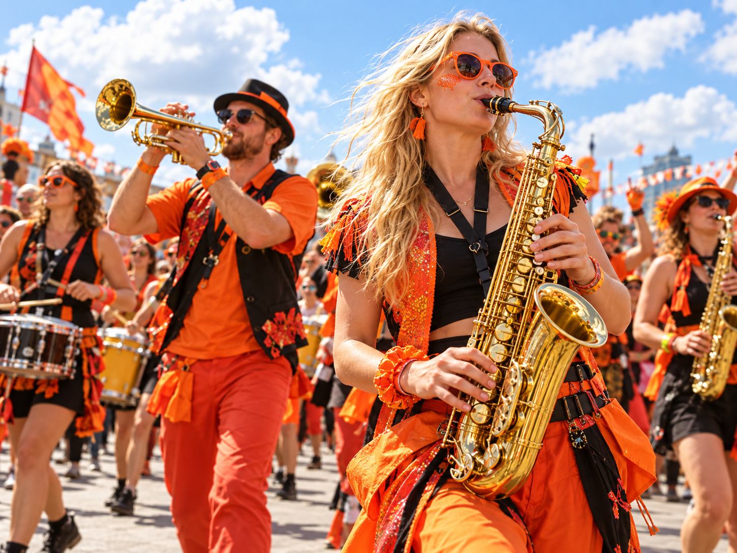 Illustration d'ambiance générée par IA : musiciens en costumes orange défilant avec saxophone, trompette et tambours devant un public